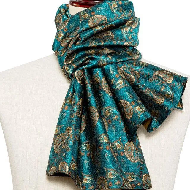 100% Silk Scarf Casual Green Jacquard Paisley