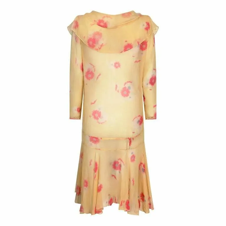 1920s Yellow Chiffon Floral Dress