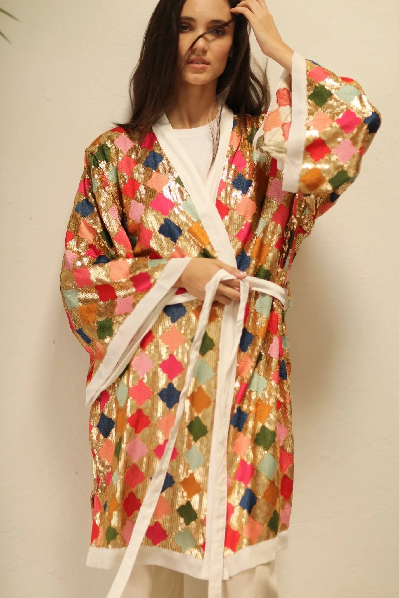 ARGUS GLO CHIFFON SILK SEQUIN EMBROIDERED KIMONO