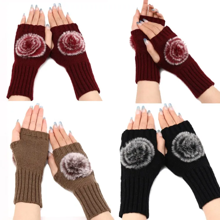 Autumn And Winter Women Fingerless Fur Ball Gloves Knitted Wool Warm Sleeves(White)