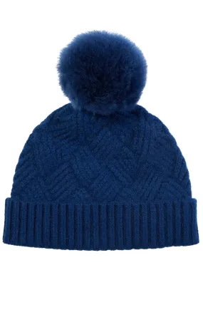 CASHMERE BASKETWEAVE RIB HAT WITH SHEARLING POM