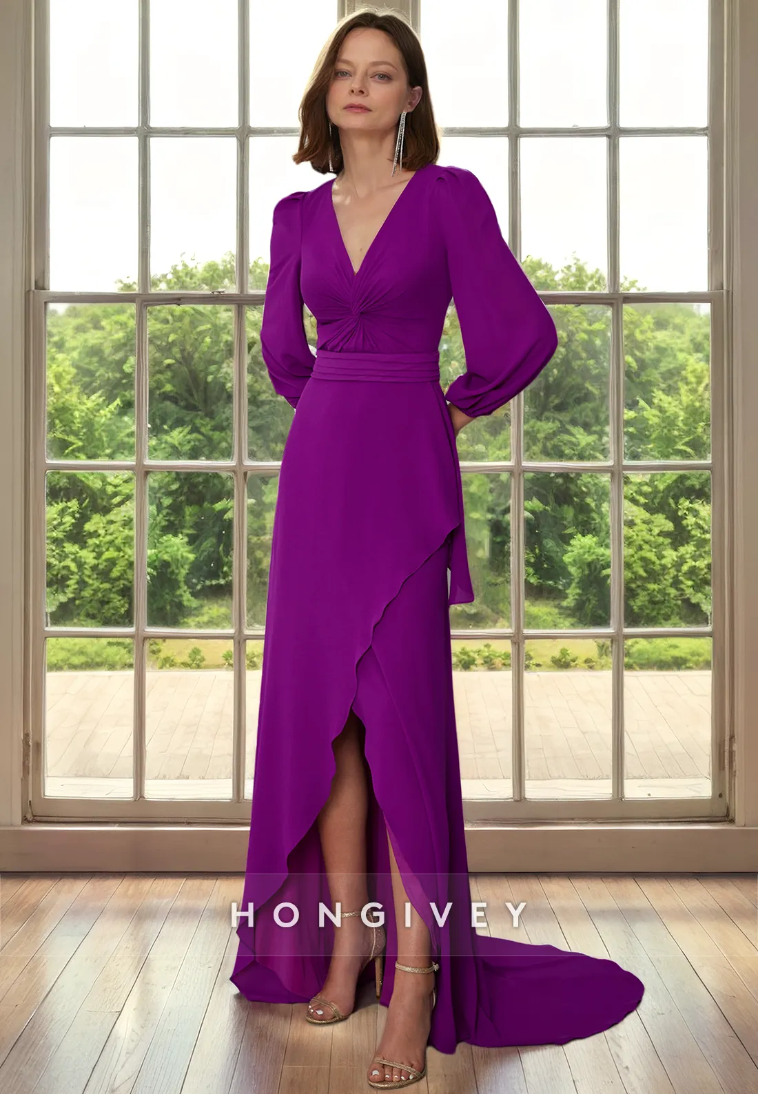 Chiffon A-Line V-Neck Long Sleeves Empire Cocktail Evening Dress