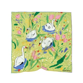 Chowxiaodou Swan Lake Series Twill Silk Square Scarf-Green