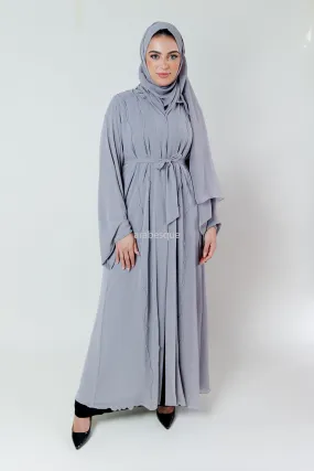 Crystal Embellished Chiffon Open Abaya with Pleated Back - 4 Colours