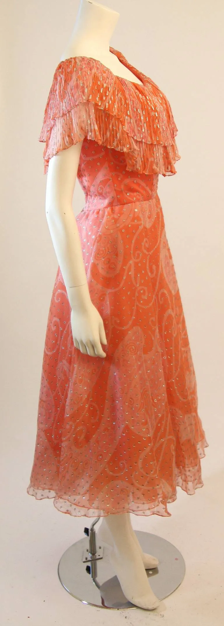 DIANE DICKERSON Coral Chiffon Dress with Ruffle Size 6