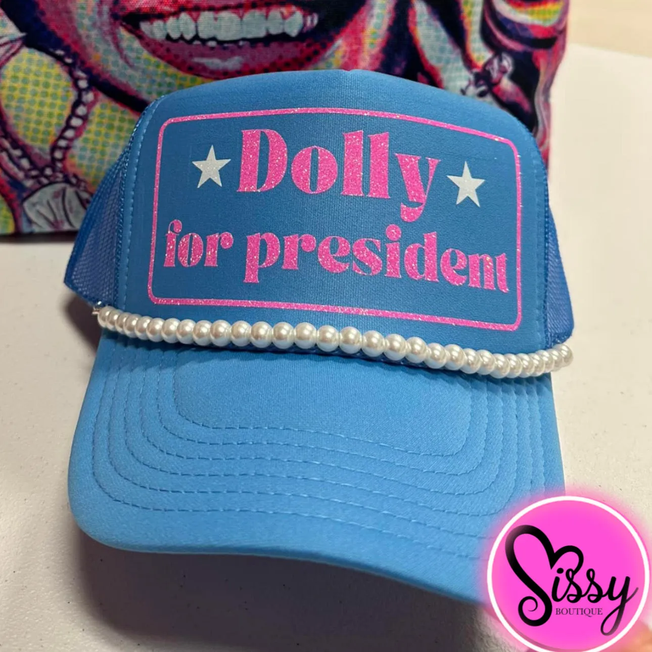 DOLLY FOR PRESIDENT TRUCKER HAT WITH PEARL CHAIN