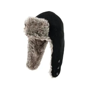 Faux Fur Trapper Hat with Buttons, Black