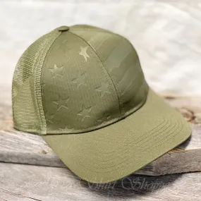 Hunter Green Debossed Stars and Stripes Mesh-Back Cap