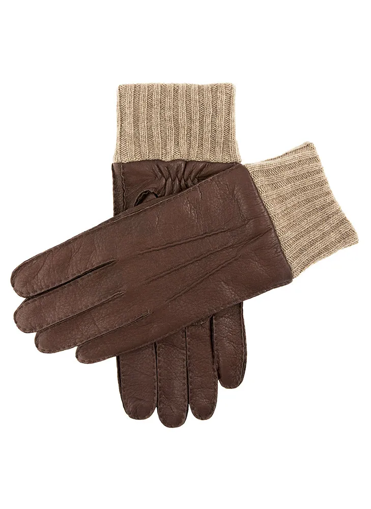 Men's Handsewn Three-Point Cashmere-Lined Deerskin Leather Gloves with Cashmere Cuffs